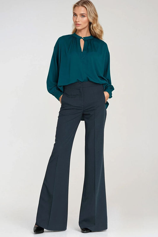 Nife women’s trousers, dark teal, high-waist wide-leg flare, full front view