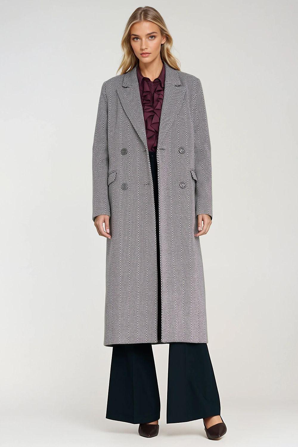 Gray houndstooth double-breasted long coat with notched lapels and buttons