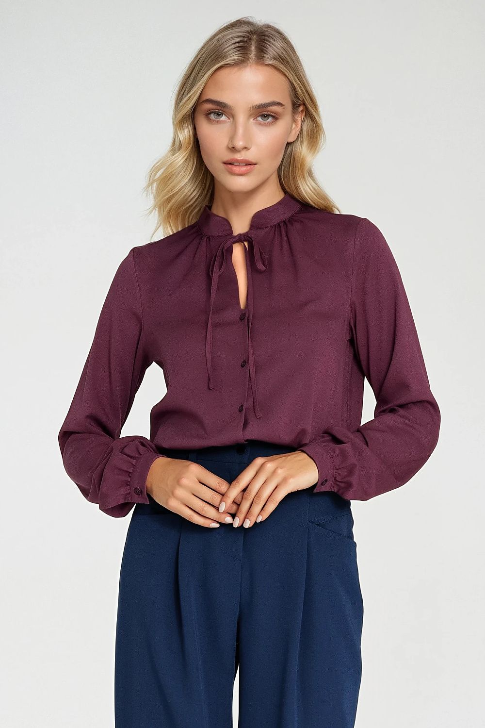 Violet viscose tie-neck long-sleeve shirt with keyhole button placket