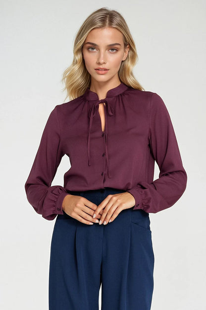 Violet viscose tie-neck long-sleeve shirt with keyhole button placket