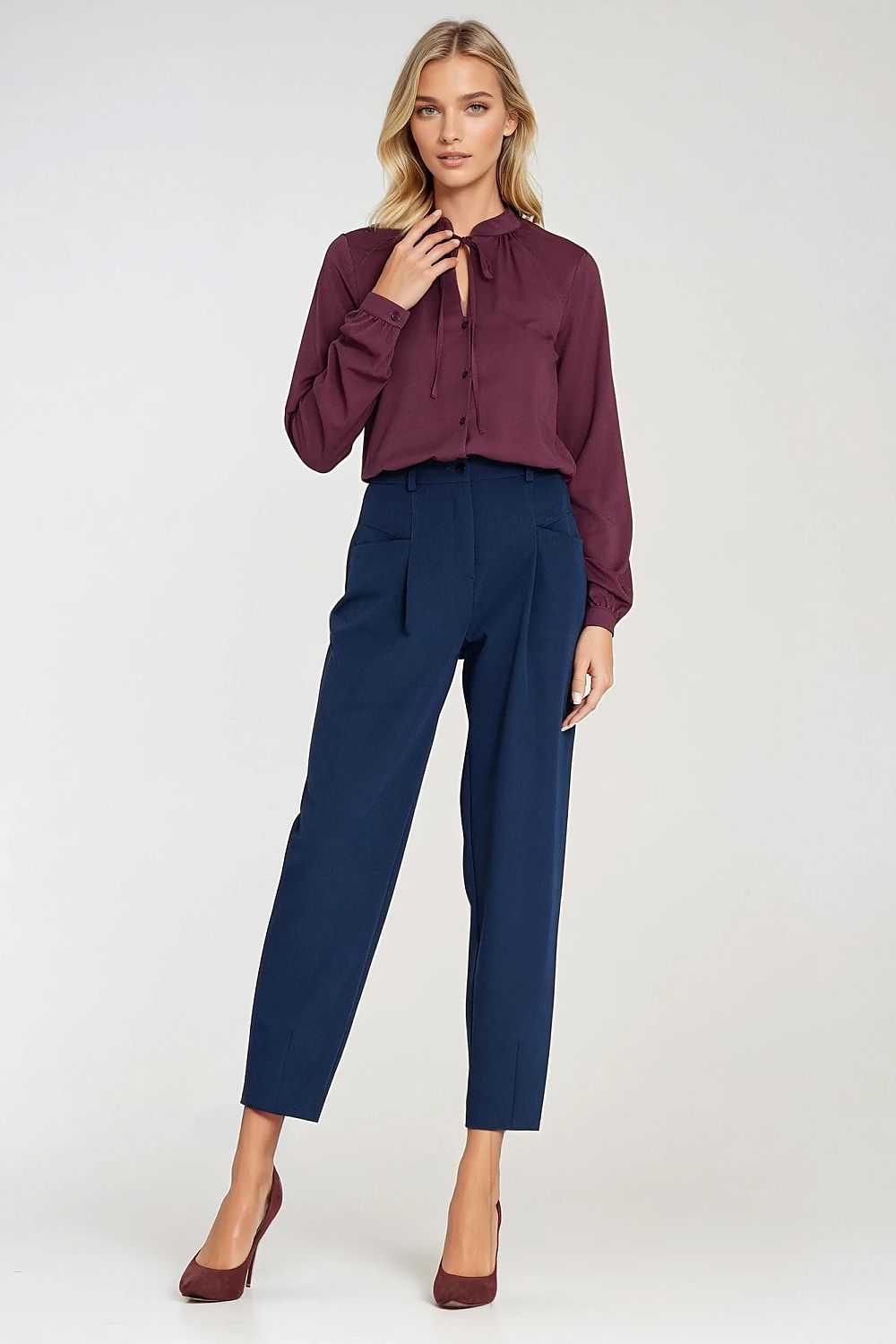 Violet viscose tie-neck long-sleeve shirt with long cuffed sleeves