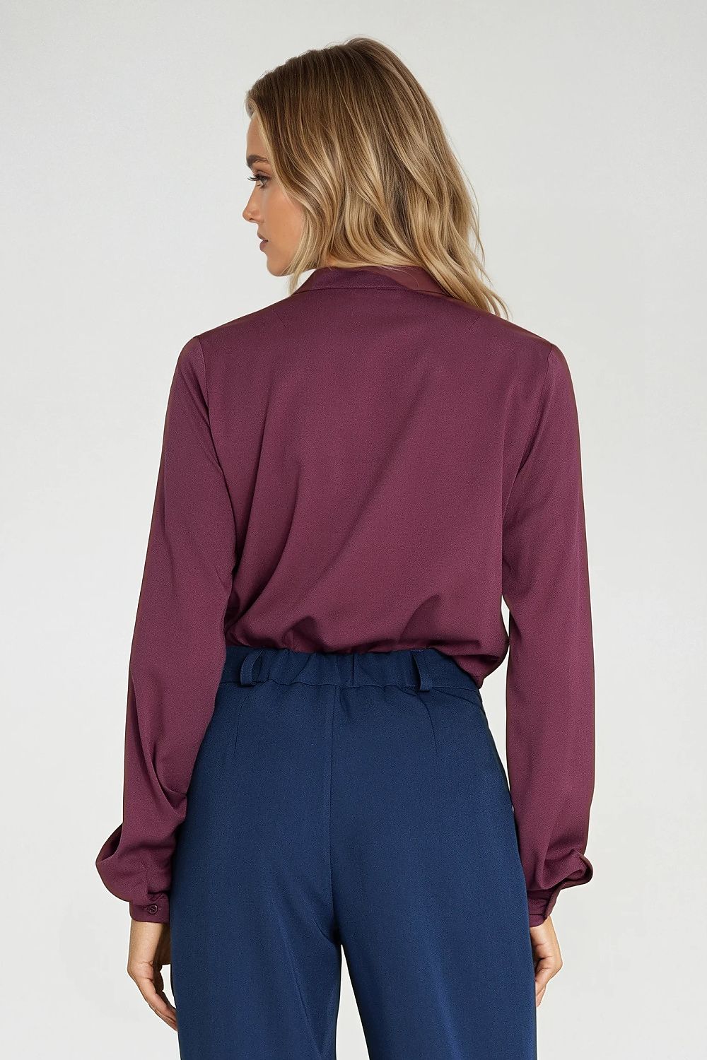 Violet viscose long-sleeve shirt, relaxed back view with tie-neck keyhole