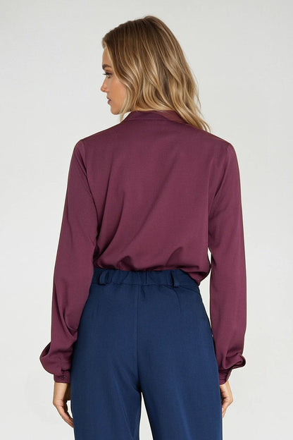 Violet viscose long-sleeve shirt, relaxed back view with tie-neck keyhole