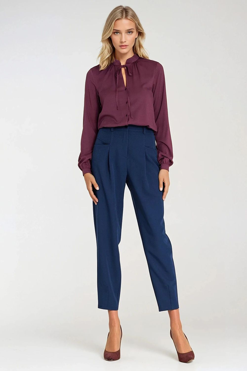Violet viscose tie-neck long-sleeve shirt with keyhole front button closure
