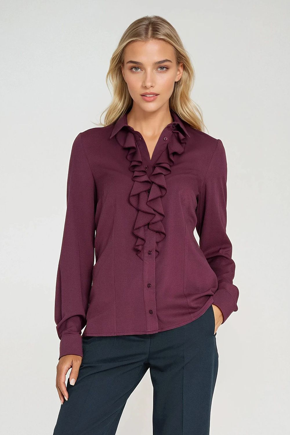 Violet long-sleeve shirt with ruffle jabot front and button collar