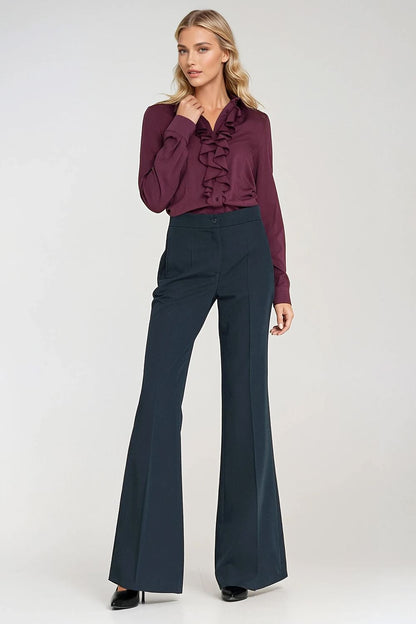 Violet long-sleeve shirt with ruffle jabot front and button-up placket