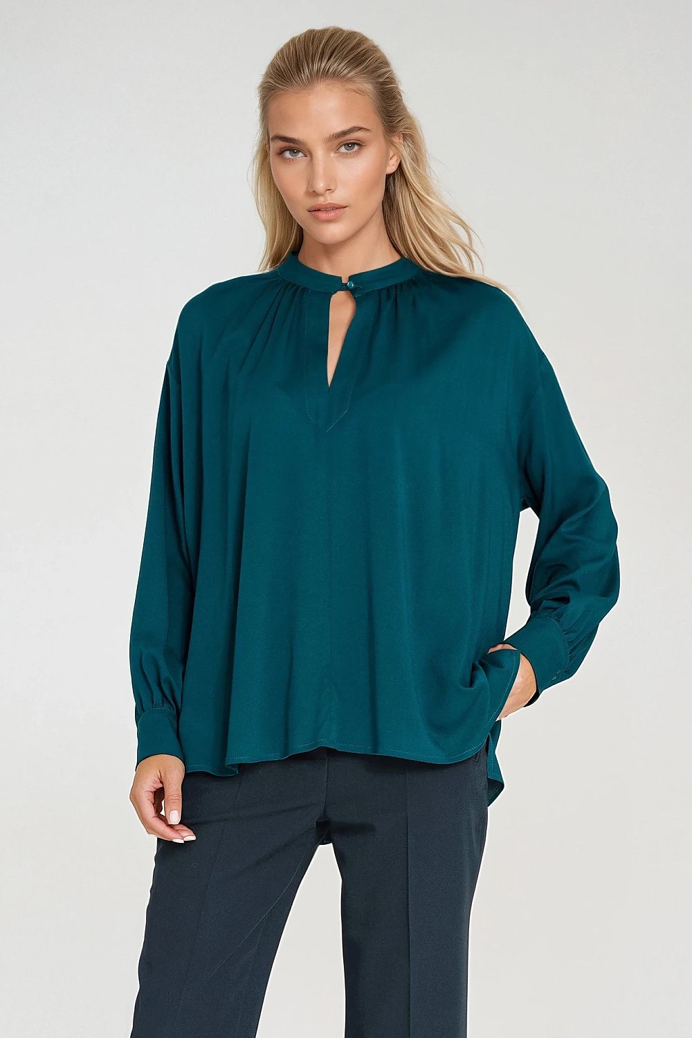 Dark teal keyhole neck blouse with long sleeves and loose fit