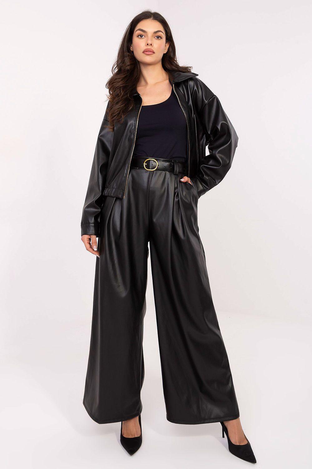 Black eco-leather wide-leg palazzo trousers with belt loops and front buckle