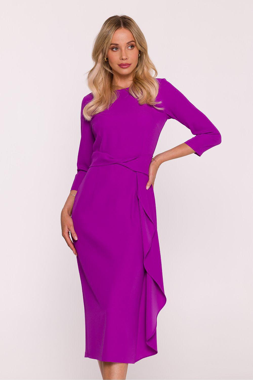 Violet midi evening dress with 3/4 sleeves, fitted waist, draped side slit detail.