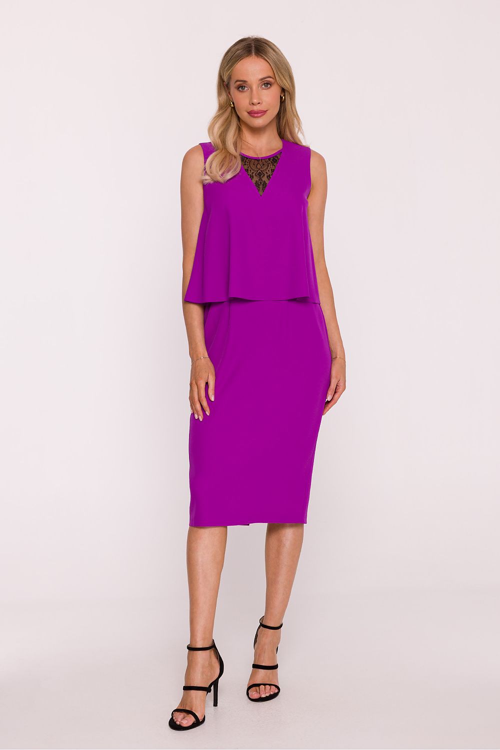 Sleeveless evening dress with V-neck lace detail, violet, knee-length sheath fit