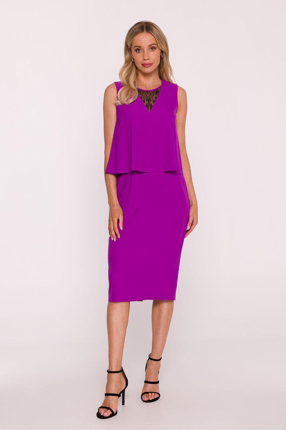 Violet sleeveless midi evening dress with layered peplum and fitted skirt