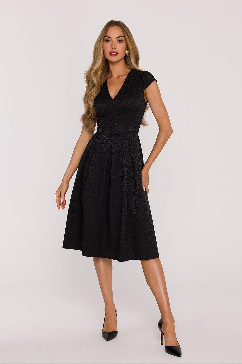 Black evening dress with V-neck and short sleeves, skater midi silhouette