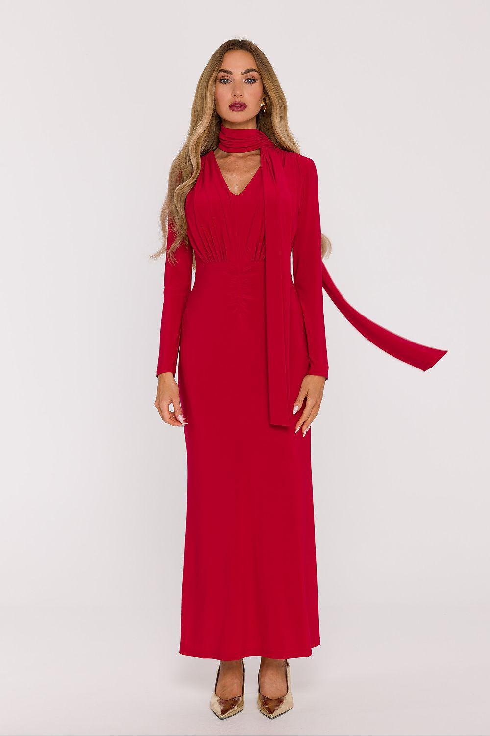 Red long dress with V-neck, long sleeves, and fitted waist panel at the bust
