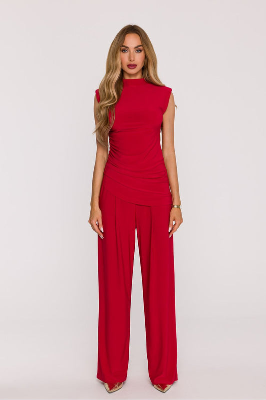 Moe sleeveless set in red with draped top and wide-leg pants