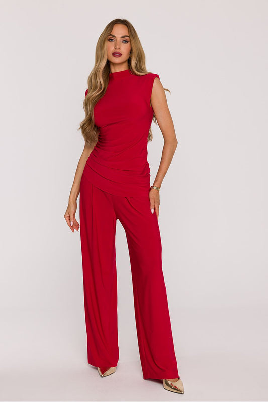 Moe sleeveless set in red with sleeveless top and flowing wide-leg pants