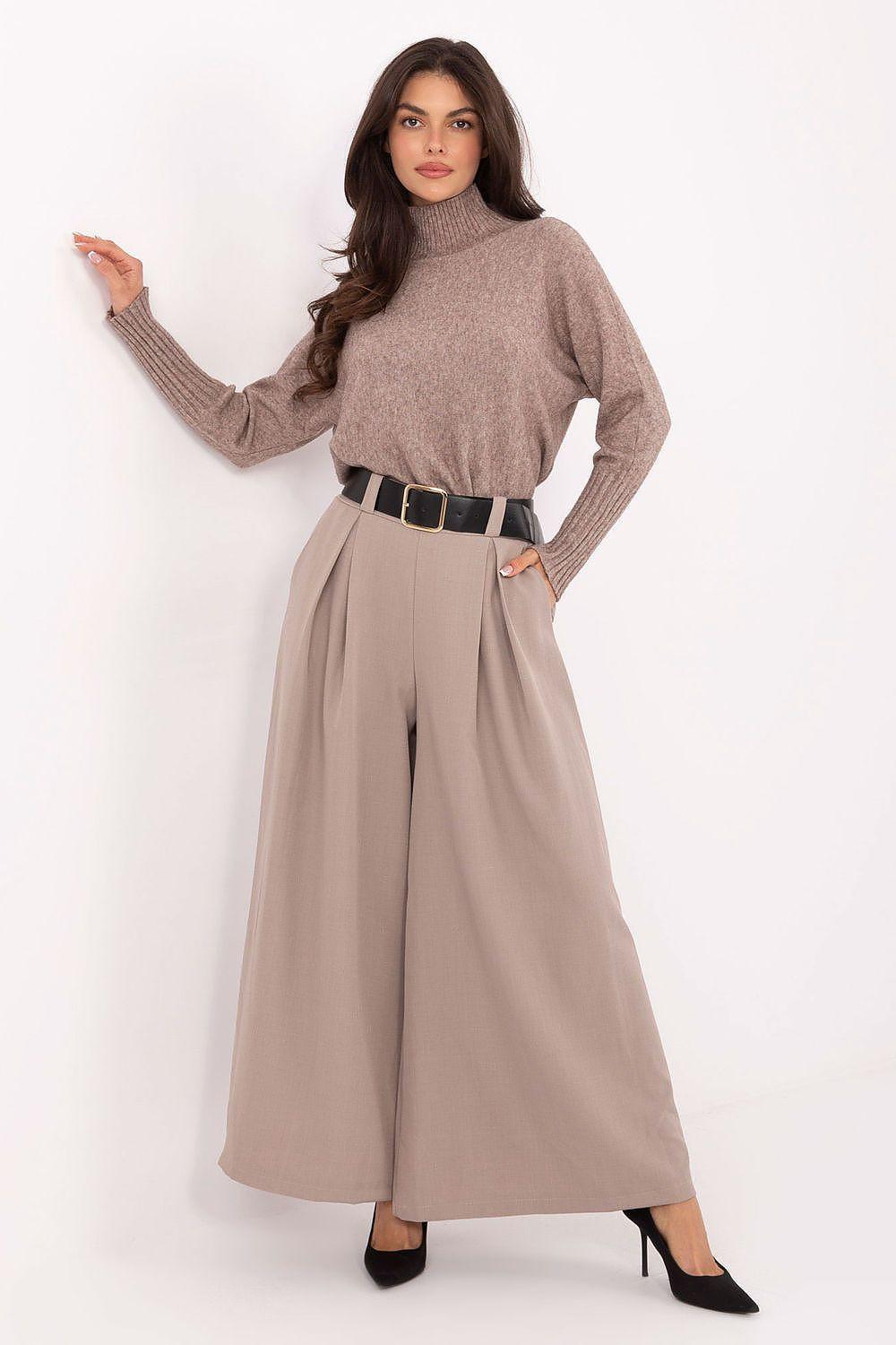 Beige high-waist palazzo trousers with wide legs, belt loops and pleats