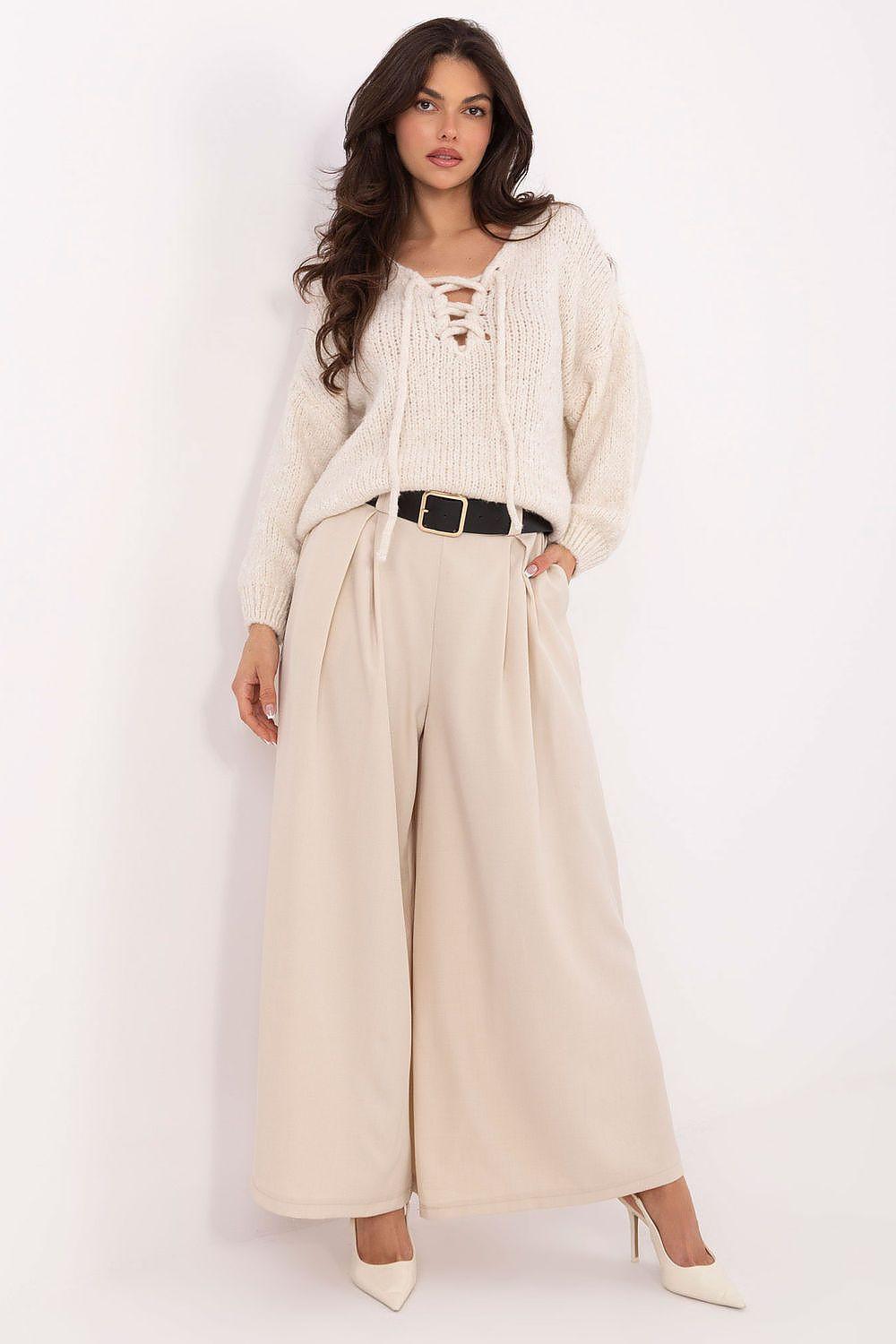 Beige women’s wide-leg trousers with high waist and belt loops