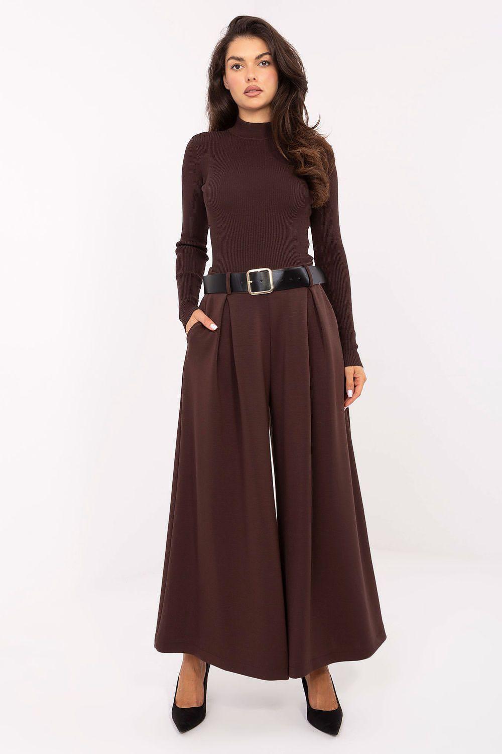 Women’s brown wide-leg trousers with buckle belt and pleated front