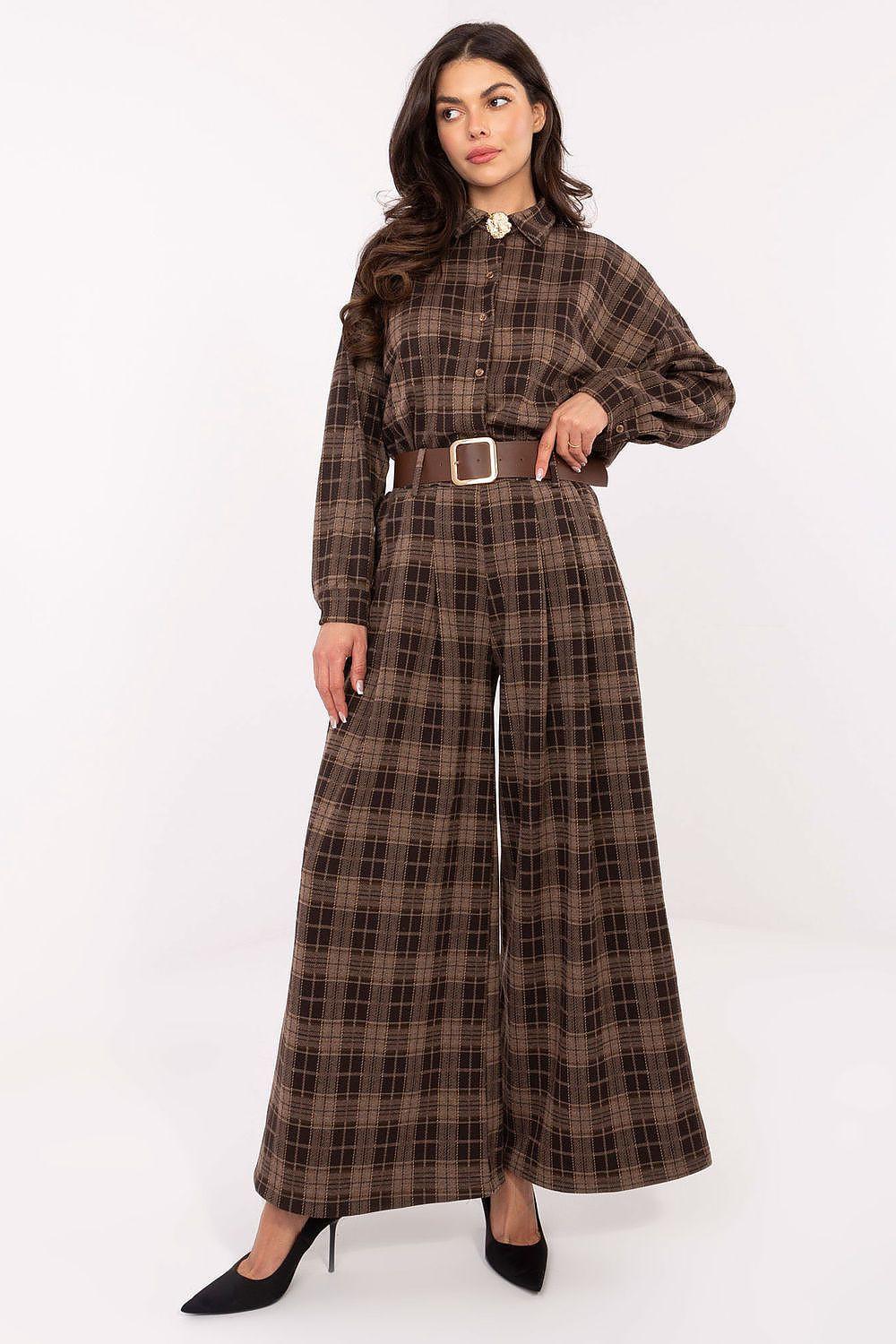Women’s plaid wide-leg trousers with belt, brown and dark check