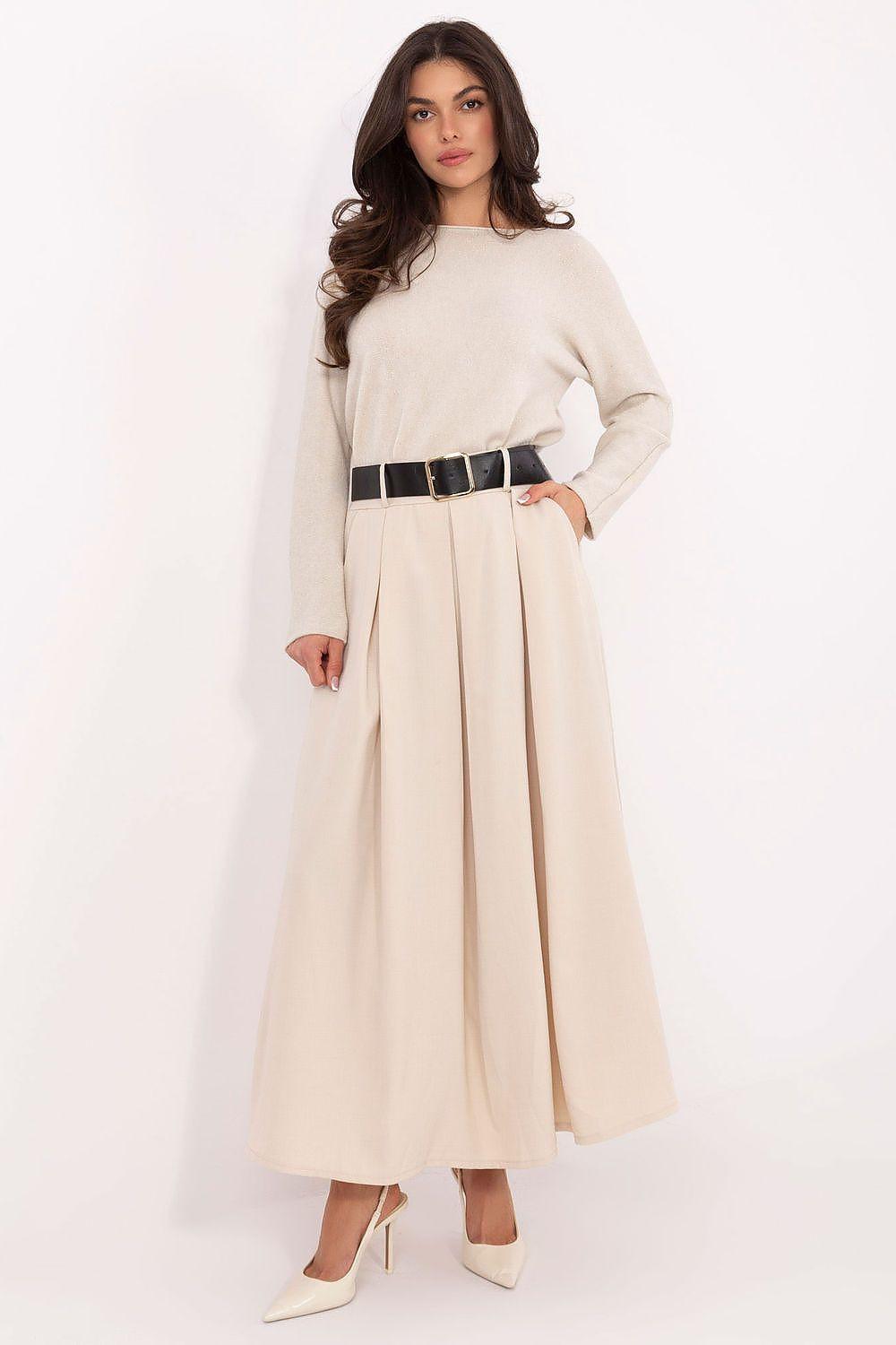 Beige maxi flared skirt with godet panels and black waist belt