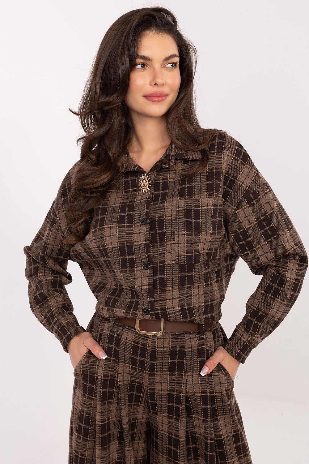 Long sleeve plaid shirt in dark brown with button front and collared neckline