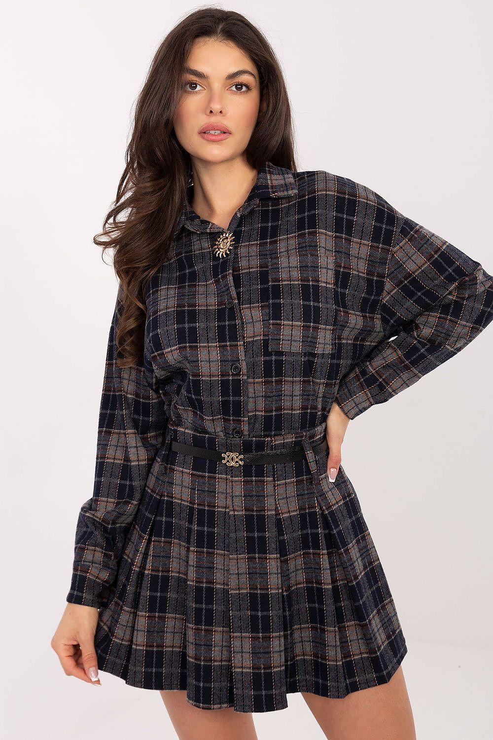 Navy plaid godet mini skirt with button front and attached belt