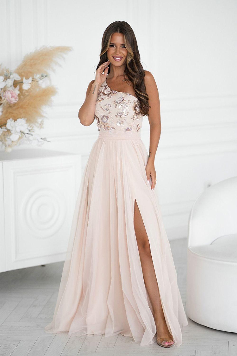 Beige maxi dress with floral bodice, airy tulle skirt and side slit