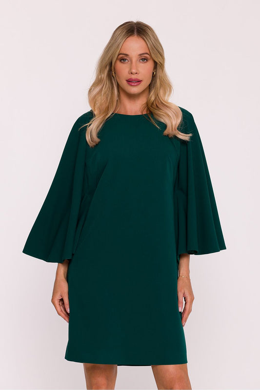 Stylove daydress in dark green with flared elbow-length sleeves, straight neckline