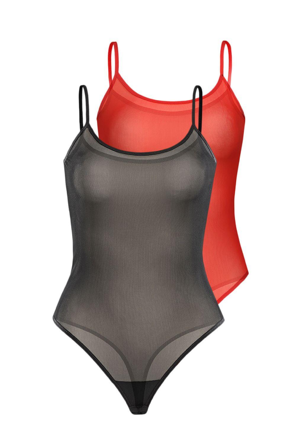Red and dark gray sheer one-piece bodysuit with thin straps