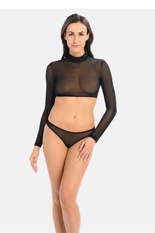 Sheer black long-sleeve crop top with high neck and matching bikini briefs