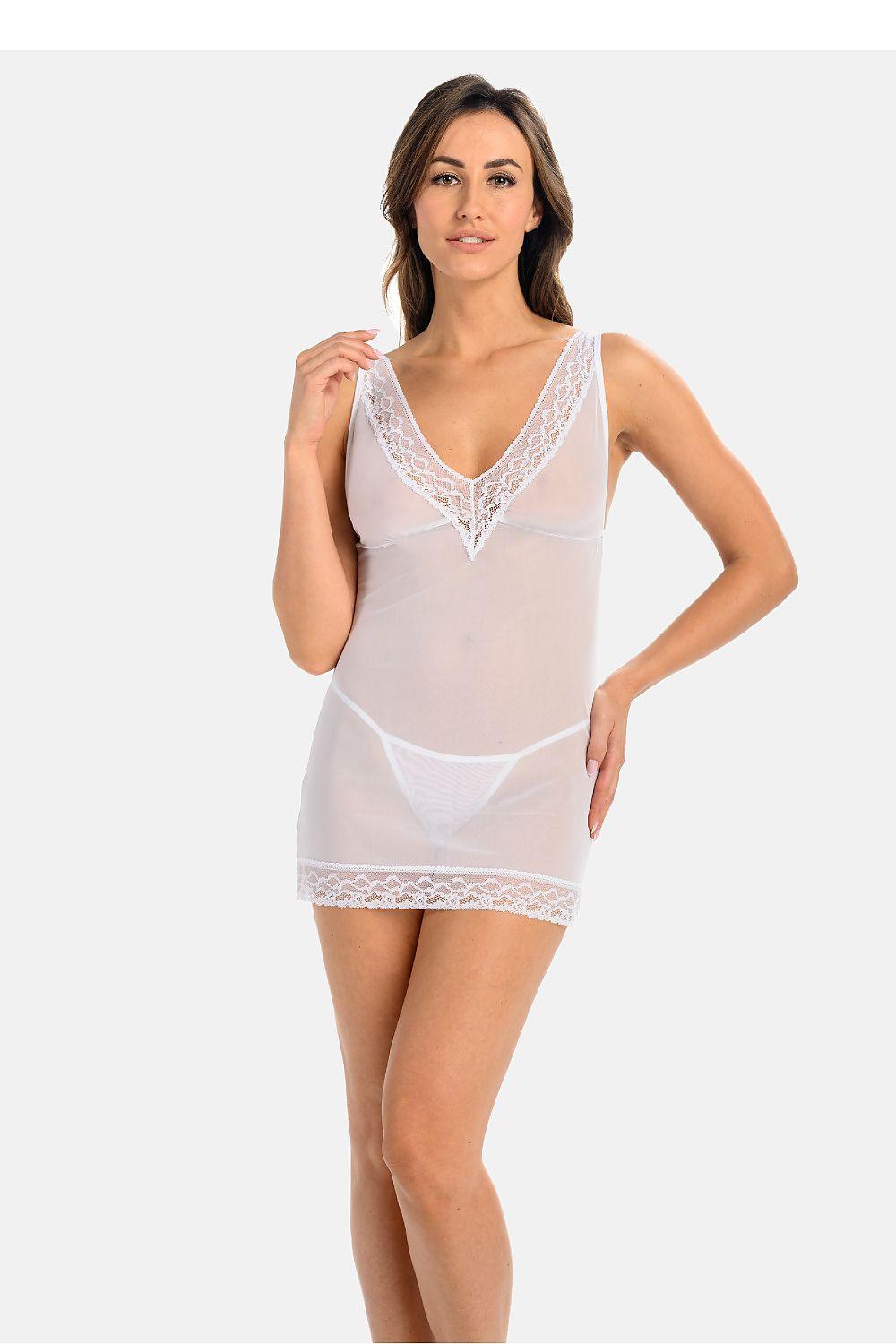 Womens white lace babydoll shirt with V-neck and scalloped hem, adjustable straps