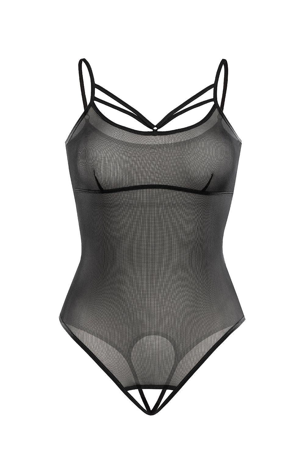 Teyli shapewear bodysuit, black sheer one-piece with thin straps and high-leg cut