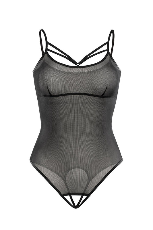 Teyli shapewear bodysuit, black sheer one-piece with thin straps and high-leg cut