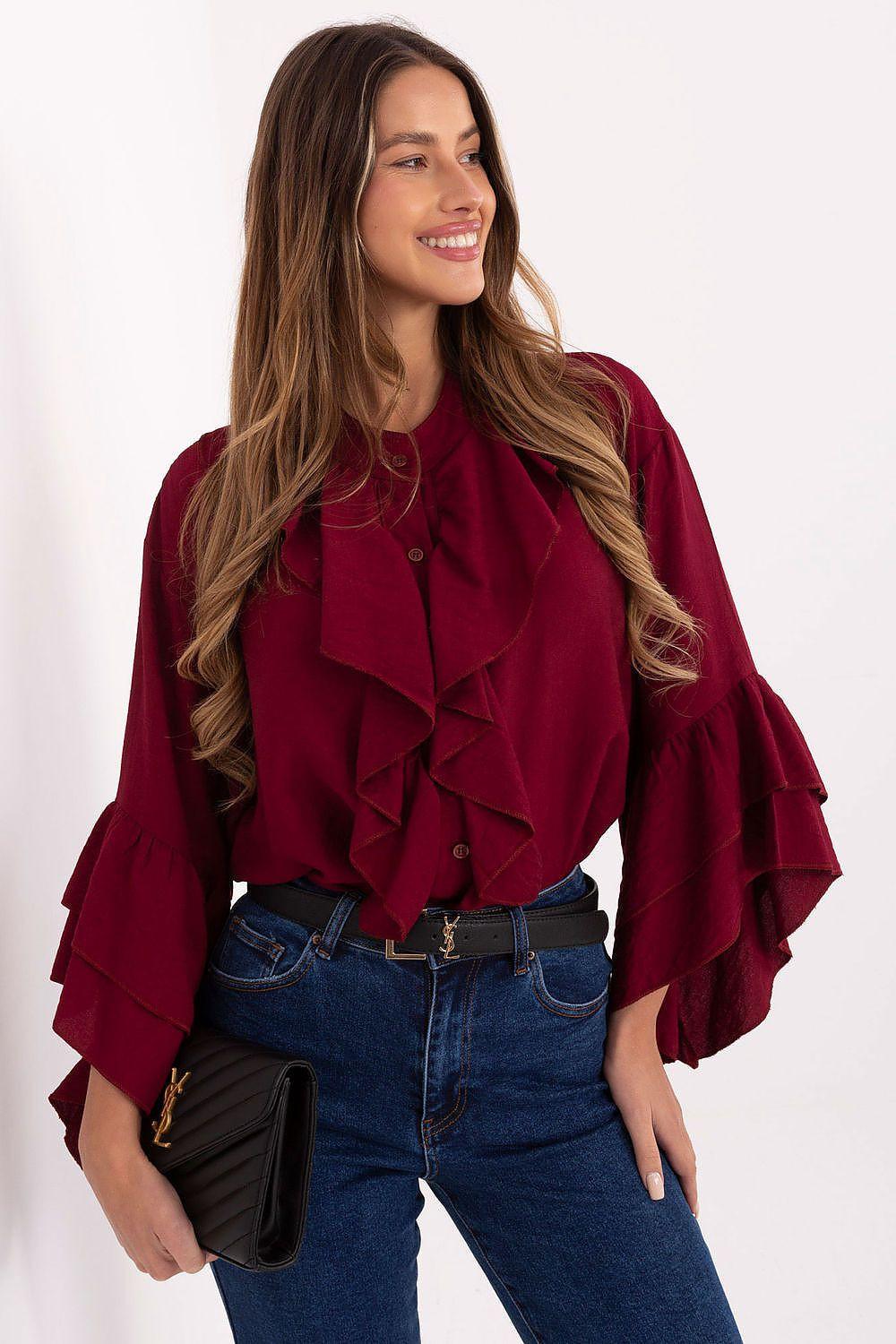Red long-sleeve shirt with ruffled jabot front and tiered flared sleeves