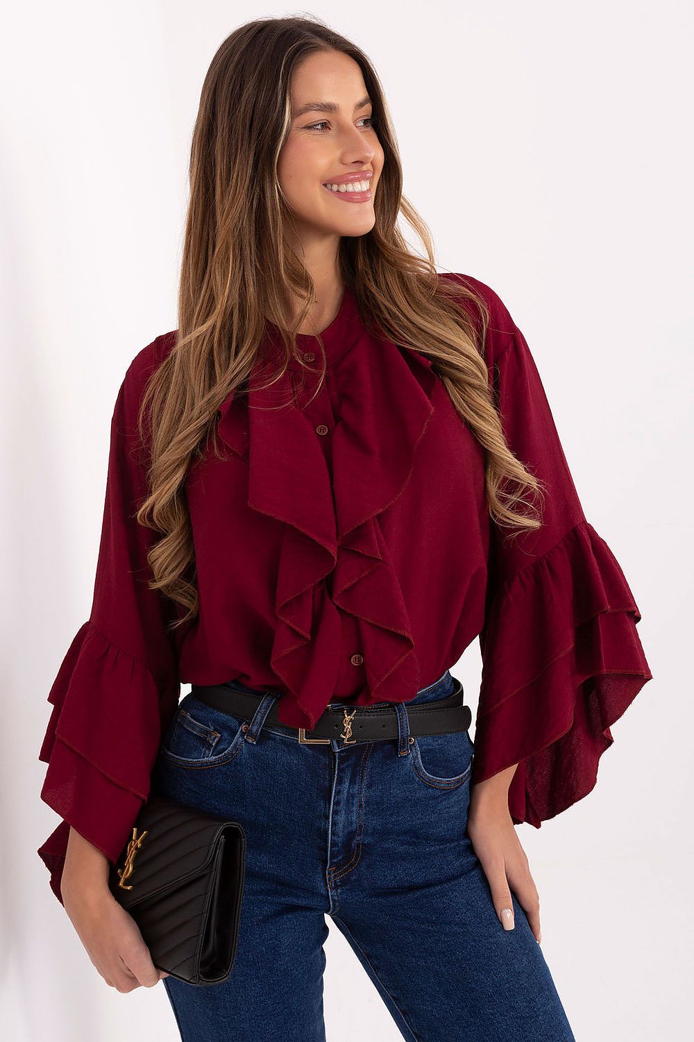 Red long-sleeve shirt with ruffled jabot detail and layered flutter cuffs