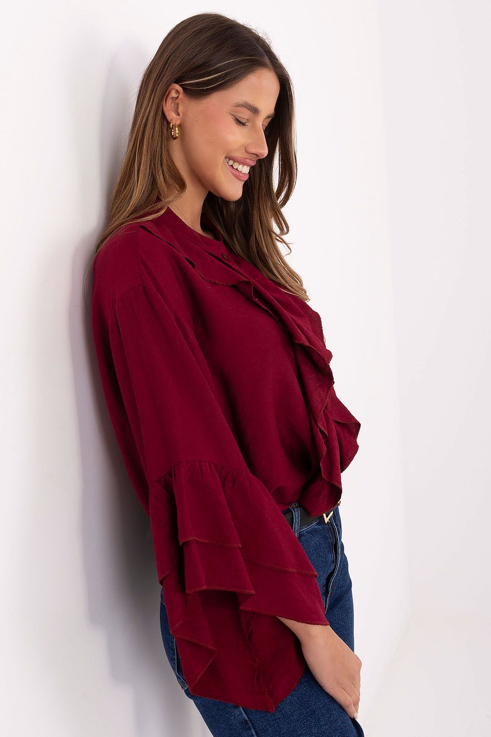 Red long-sleeve ruffled jabot shirt with asymmetric front tiers and split sleeves