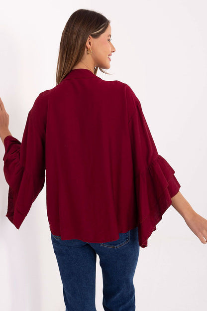 Red long-sleeve shirt with flutter sleeves and back yoke
