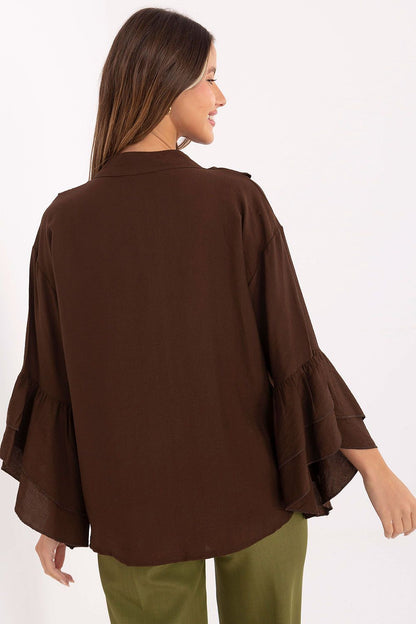 Brown long-sleeve shirt with wide flutter sleeves and back yoke