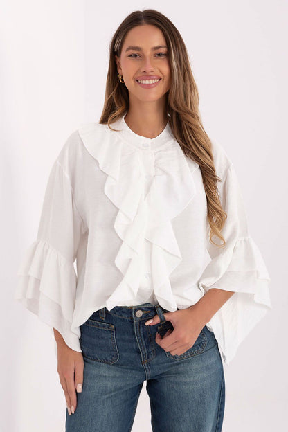 White long-sleeve ruffled jabot shirt with layered ruffle front
