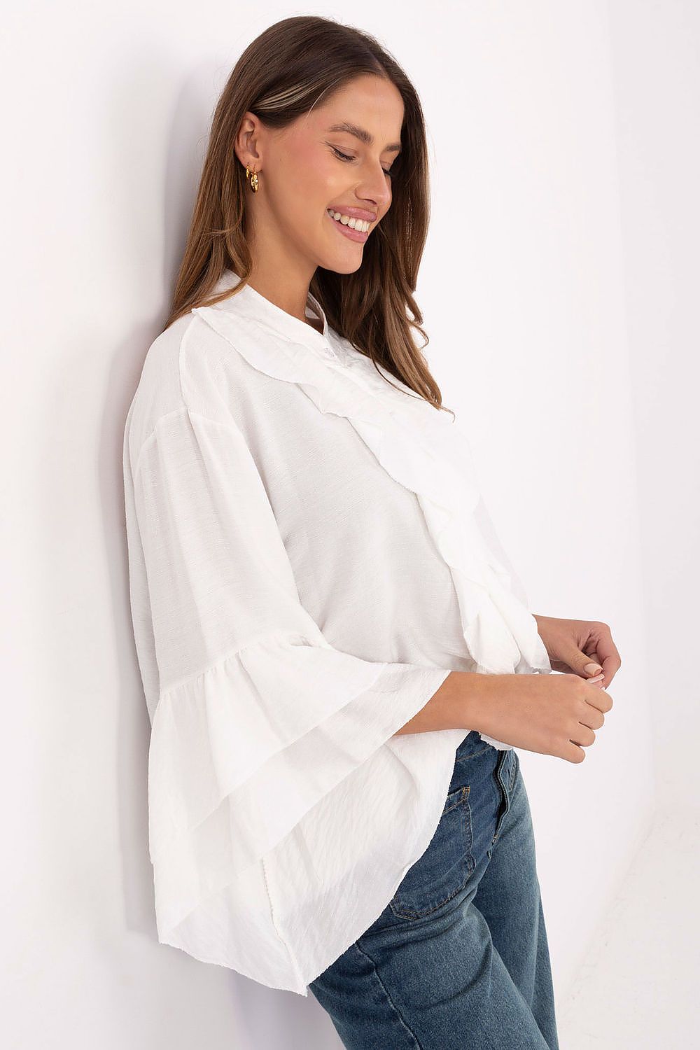 White long-sleeve shirt with ruffled jabot front and flared sleeves