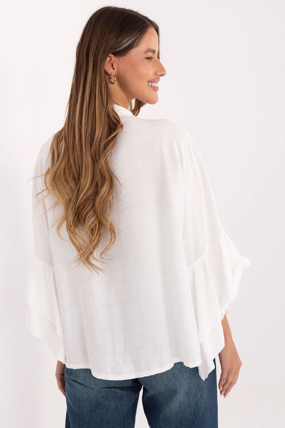 White long-sleeve shirt with flutter sleeves and rounded back yoke