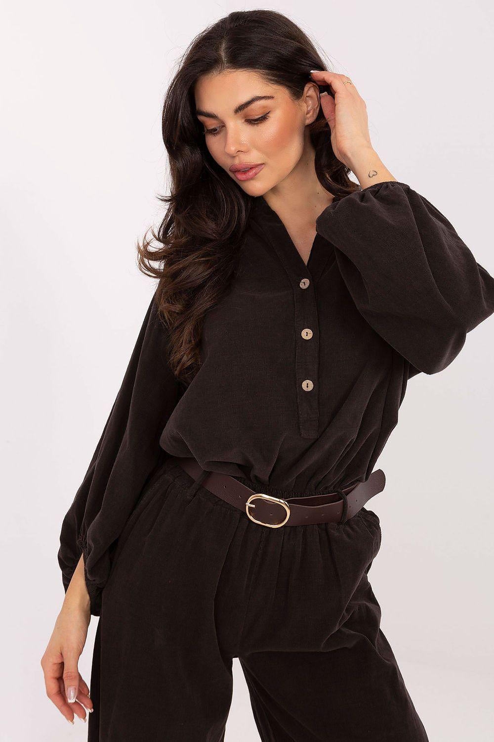Puff-sleeve heart-neck blouse, dark brown with button front