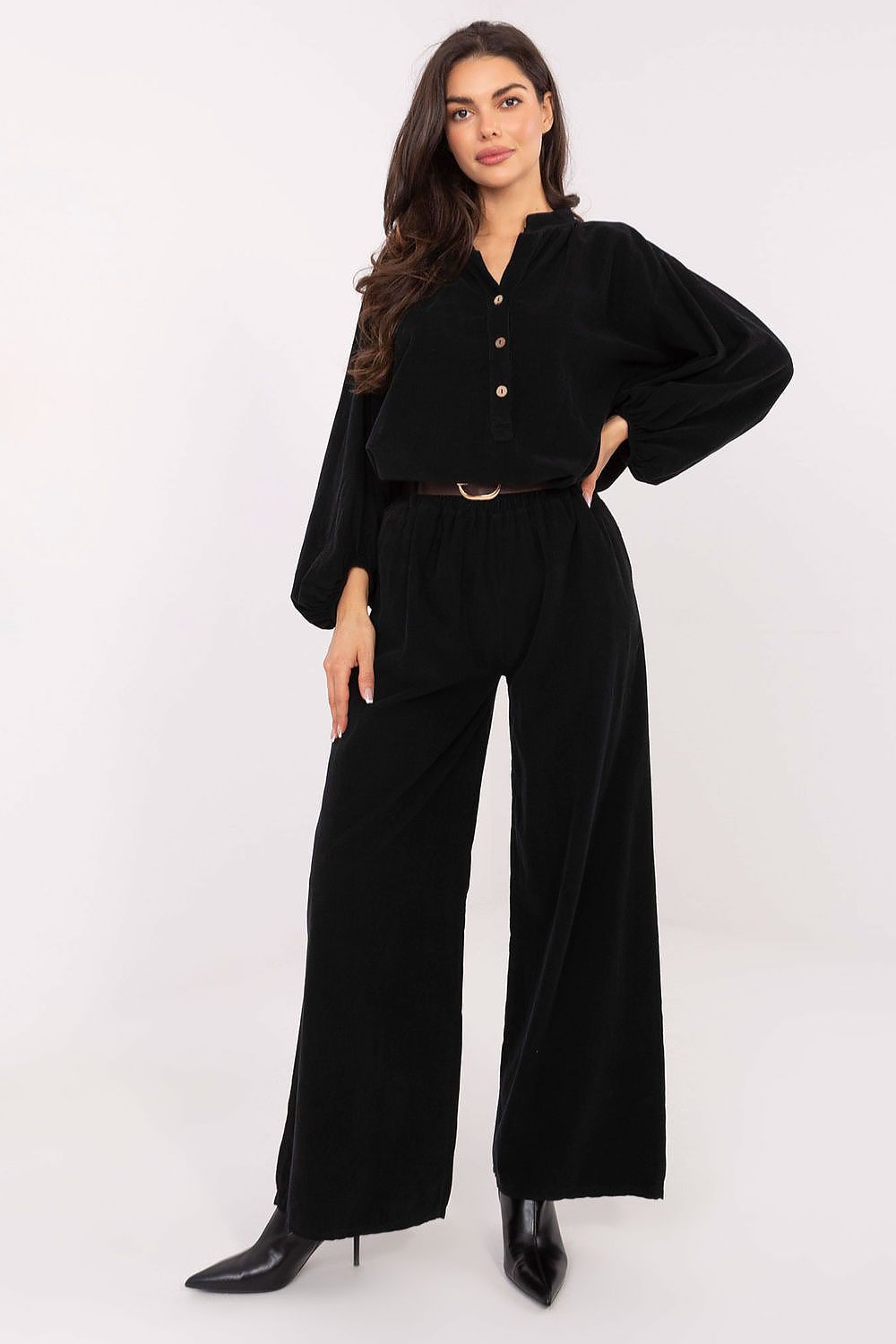 Black high-waist wide-leg corduroy trousers with belt loops and long straight legs