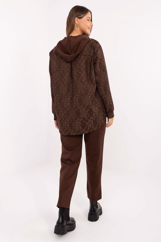 Dark brown speckled hoodie and jogger set, hooded back view