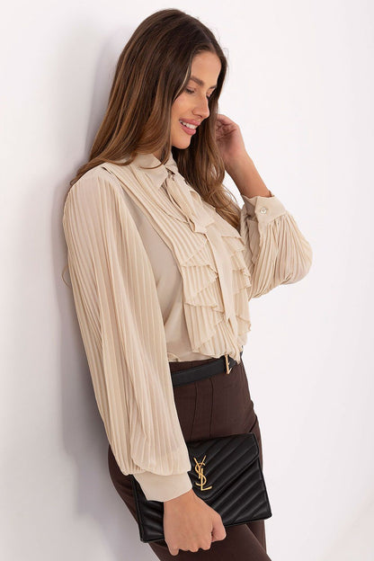 Beige pleated long-sleeve shirt with layered jabot ruffle front