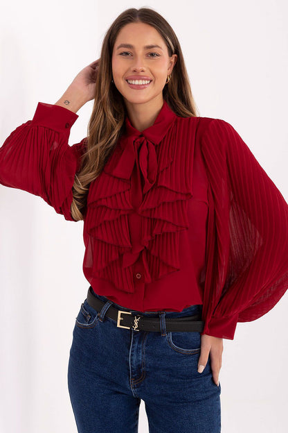 Red pleated long-sleeve shirt with layered jabot ruffle front