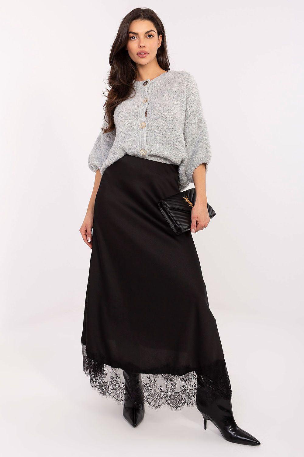 Black long skirt with lace-trim hem and satin finish, side slit detail