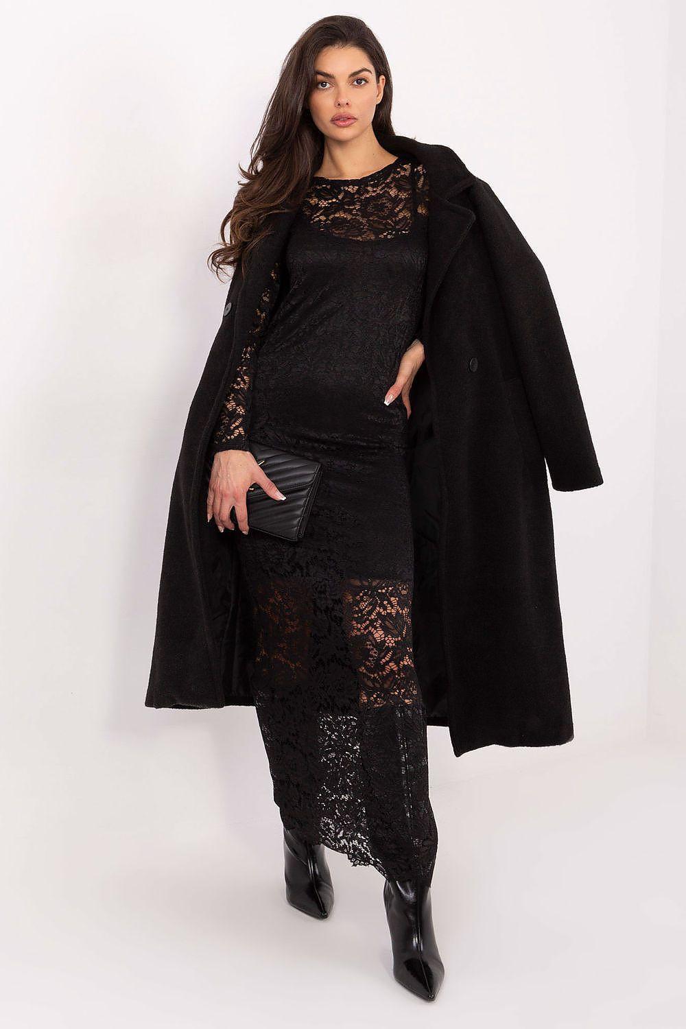 Black lace maxi dress with long sleeves, fitted bodice and lace panel trim