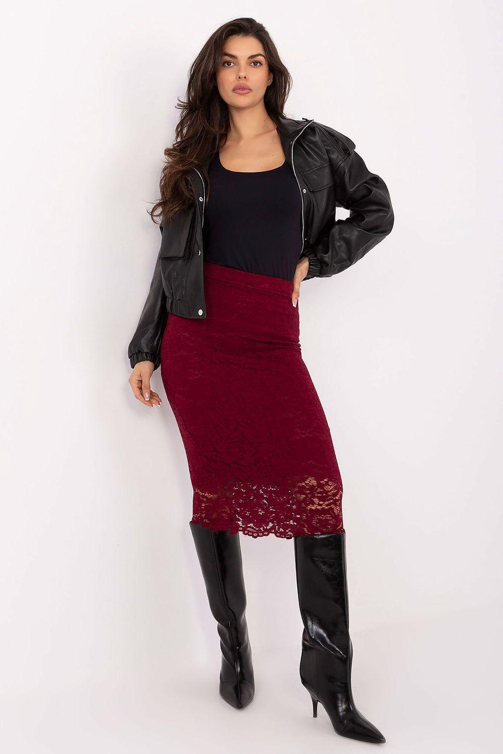 Red lace pencil skirt with scalloped lace hem detail