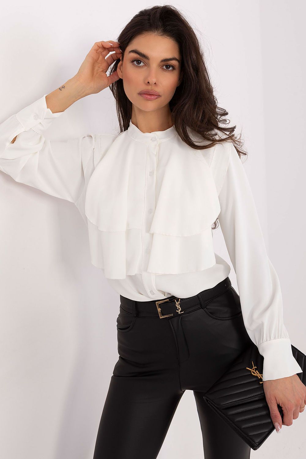 White long sleeve shirt with tiered ruffle front and gathered shoulder detail
